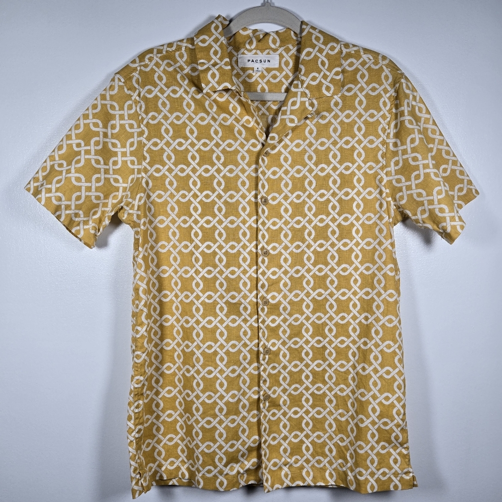 PacSun Linen Blend Gold Link Camp Shirt Short Sleeve Button Down Men Size Small